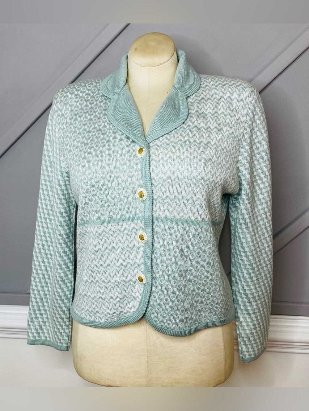 Vintage Ami Knits Sage Green Chevron Geometric Knit Blazer Cardigan Jacket M